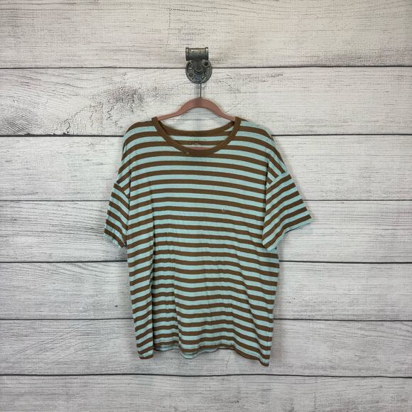 American Eagle Women's Blue / Tan Striped Short Sleeve T-Shirt Size Large - Picture 1 of 6